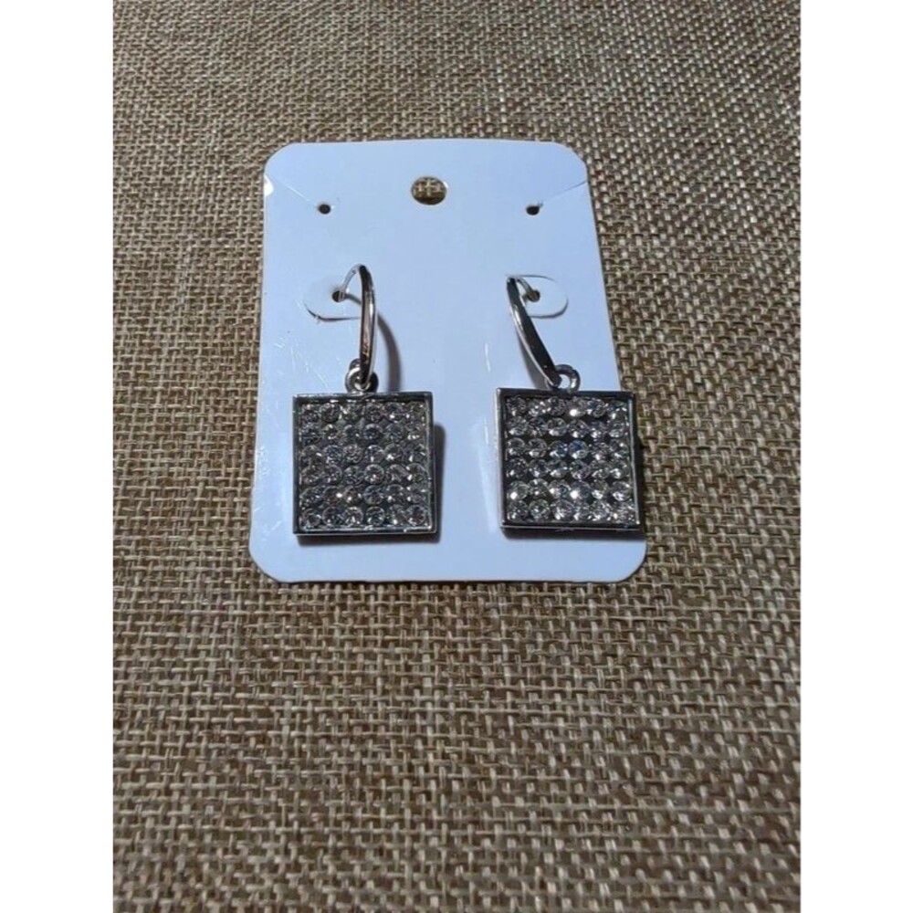 silver-toned square dangle earrings with clear rhinestones